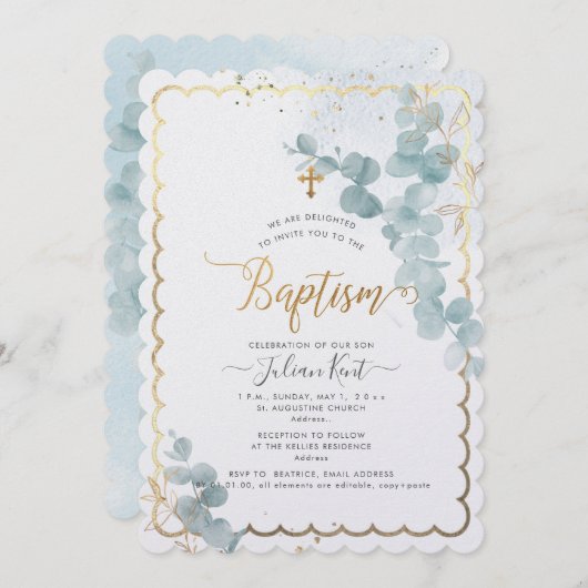 PixDezines H2 Eucalyptus Baptism Uitnodiging (Voorkant / Achterkant)