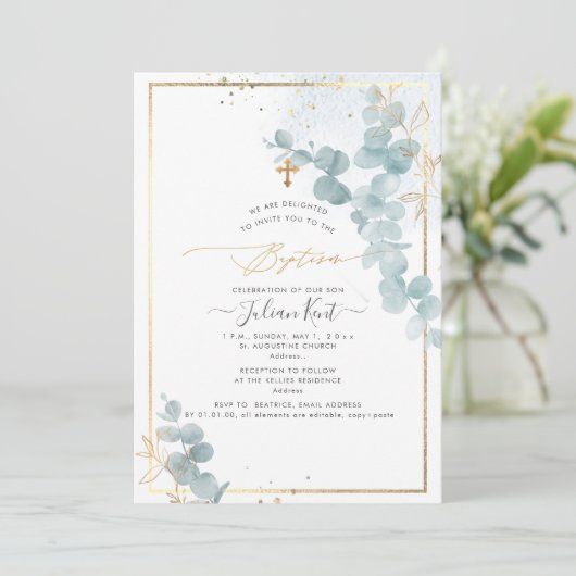 PixDezines H2 Eucalyptus Baptism Uitnodiging (Staand voorkant)