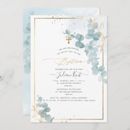 PixDezines H2 Eucalyptus Baptism Uitnodiging (Voorkant / Achterkant)