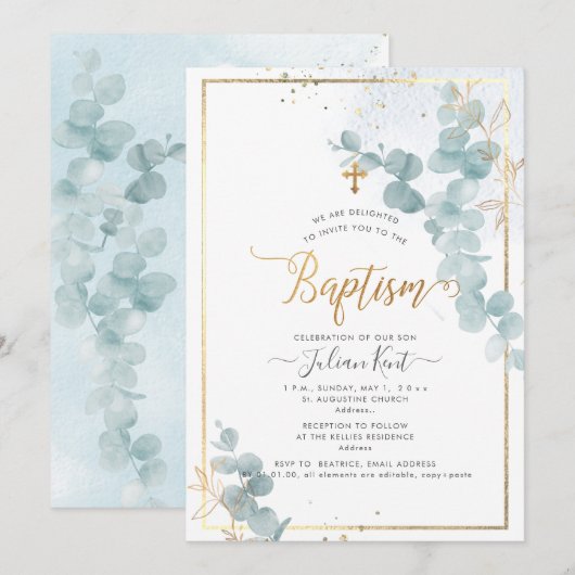 PixDezines H2 Eucalyptus Baptism Uitnodiging (Voorkant / Achterkant)