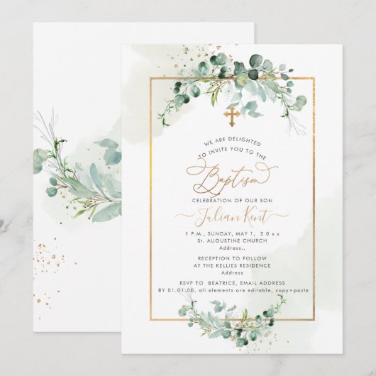 PixDezines H2 Eucalyptus Baptisme Kaart (Voorkant / Achterkant)