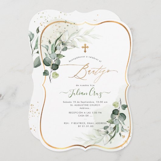 PixDezines H2 Eucalyptus Bautizo Invitation Kaart (Voorkant / Achterkant)