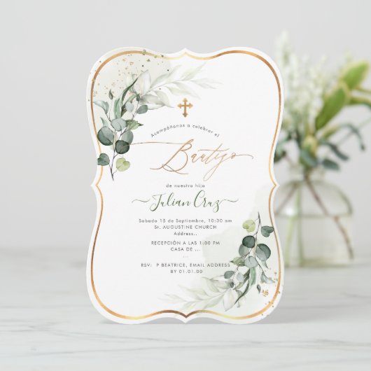 PixDezines H2 Eucalyptus Bautizo Invitation Kaart (Staand voorkant)