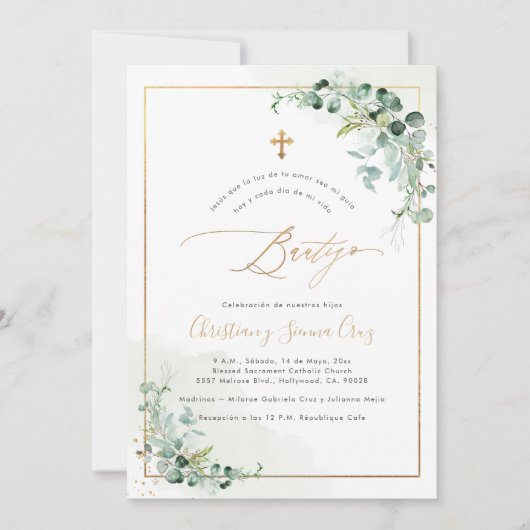 PixDezines H2 Eucalyptus Bautizo Invitation Kaart (Voorkant)