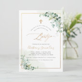 PixDezines H2 Eucalyptus Bautizo Invitation Kaart (Staand voorkant)