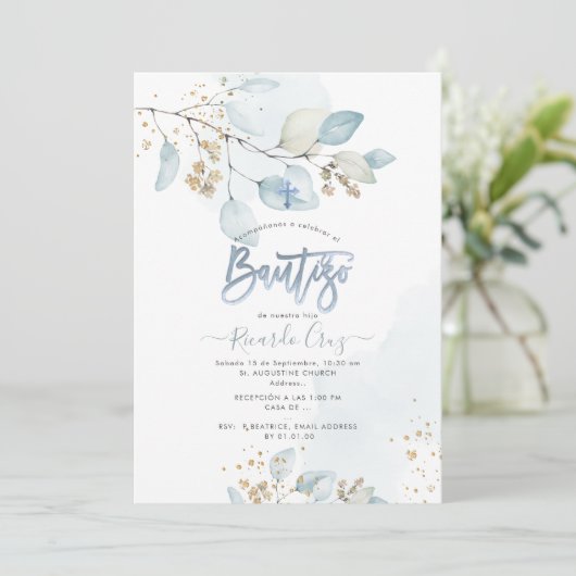 PixDezines H2 Eucalyptus Bautizo Invitation Kaart (Staand voorkant)