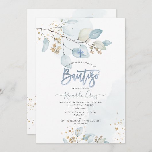 PixDezines H2 Eucalyptus Bautizo Invitation Kaart (Voorkant / Achterkant)