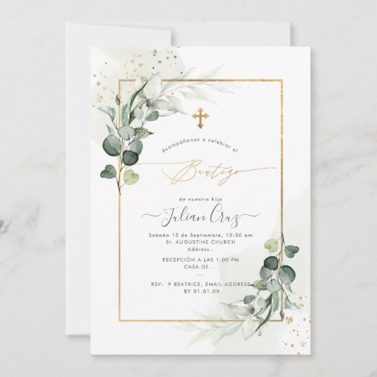 PixDezines H2 Eucalyptus Bautizo Invitation Kaart (Voorkant)