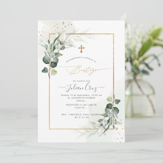 PixDezines H2 Eucalyptus Bautizo Invitation Kaart (Staand voorkant)