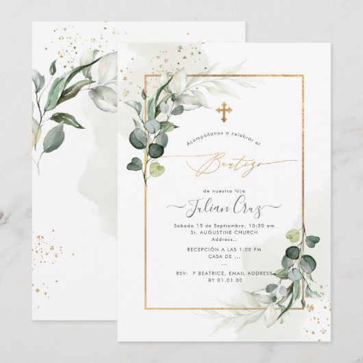 PixDezines H2 Eucalyptus Bautizo Invitation Kaart (Voorkant / Achterkant)