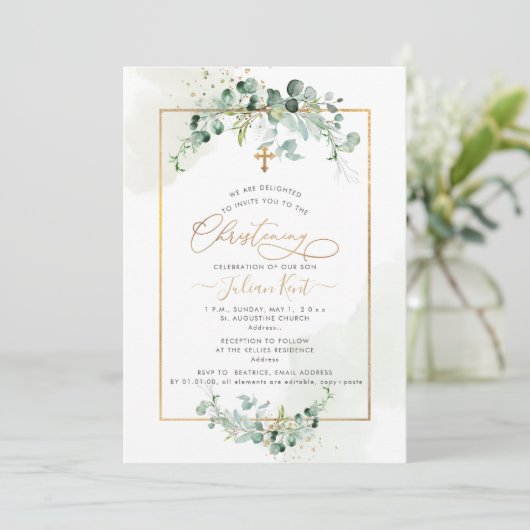 PixDezines H2 Eucalyptus Christening Uitnodiging (Staand voorkant)