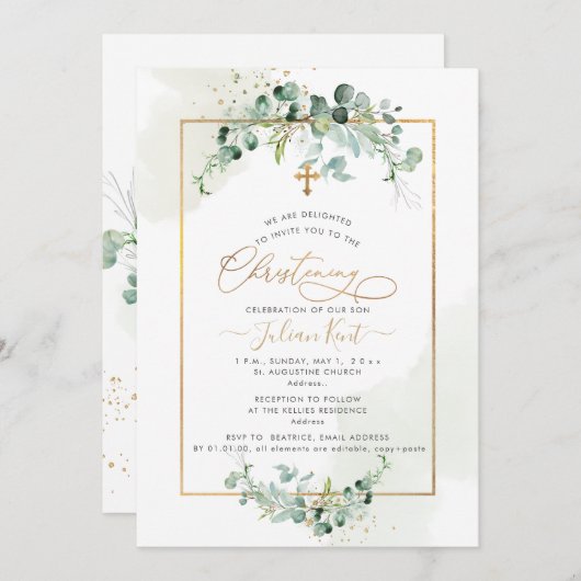 PixDezines H2 Eucalyptus Christening Uitnodiging (Voorkant / Achterkant)