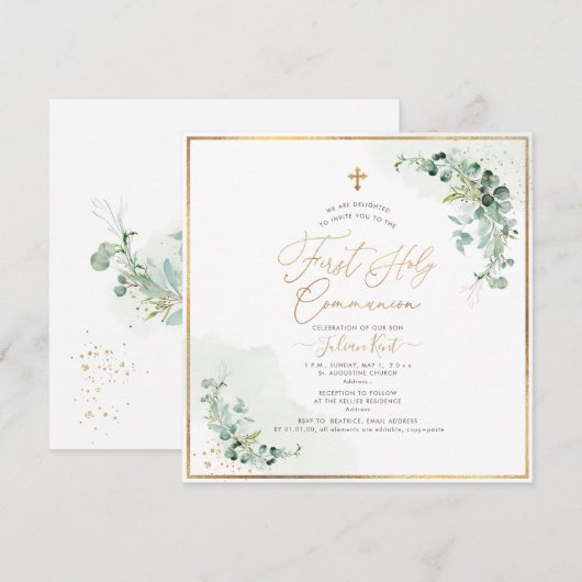PixDezines H2 Eucalyptus First Heilige Communie Kaart (Voorkant / Achterkant)