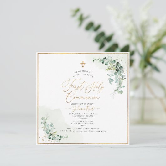 PixDezines H2 Eucalyptus First Heilige Communie Kaart (Staand voorkant)