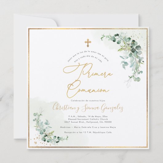 PixDezines H2 Eucalyptus Primera Comunion Kaart (Voorkant)