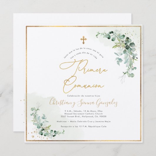 PixDezines H2 Eucalyptus Primera Comunion Kaart (Voorkant / Achterkant)