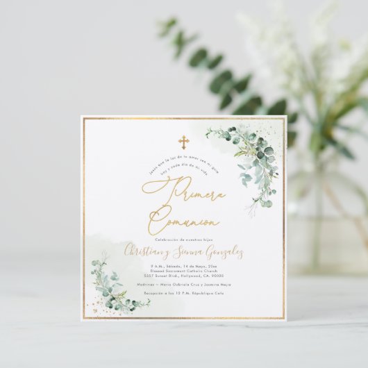 PixDezines H2 Eucalyptus Primera Comunion Kaart (Staand voorkant)