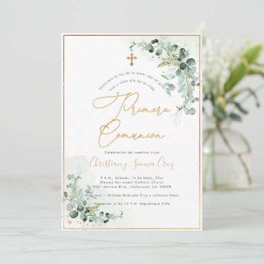 PixDezines H2 Eucalyptus Primera Comunion Kaart (Staand voorkant)