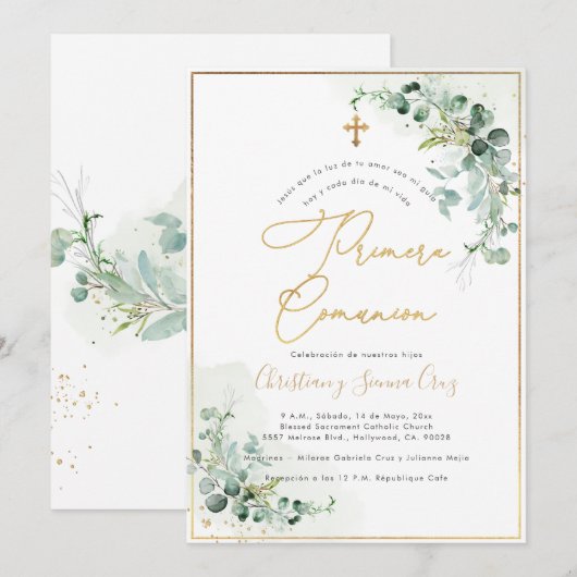 PixDezines H2 Eucalyptus Primera Comunion Kaart (Voorkant / Achterkant)
