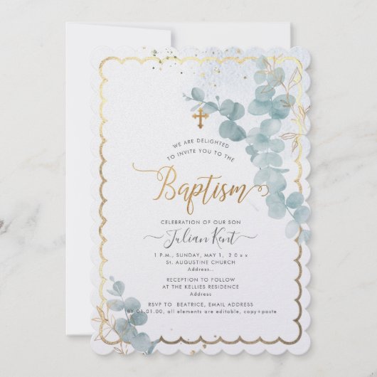 PixDezines H2 Eucalyptusdodend Baptismed Invitatie Kaart (Voorkant)