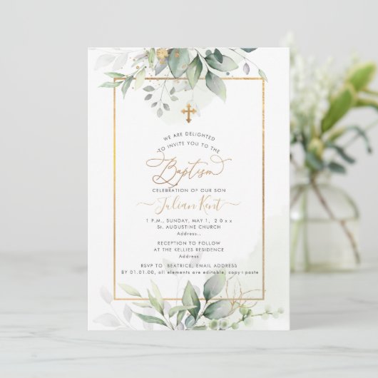 PixDezines H2 Green Gold Eucalyptus Baptism Kaart (Staand voorkant)