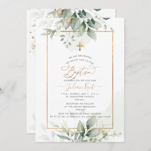 PixDezines H2 Green Gold Eucalyptus Baptism Kaart (Voorkant / Achterkant)