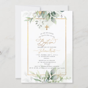 PixDezines H2 Green Gold Eucalyptus Baptism Kaart