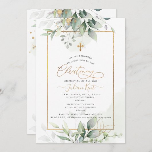 PixDezines H2 Green Gold Eucalyptus Christening Kaart (Voorkant / Achterkant)