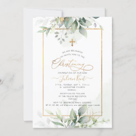 PixDezines H2 Green Gold Eucalyptus Christening Kaart