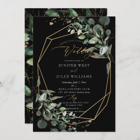 PixDezines H2 Green Gold Eucalyptus Wedding Kaart (Voorkant / Achterkant)