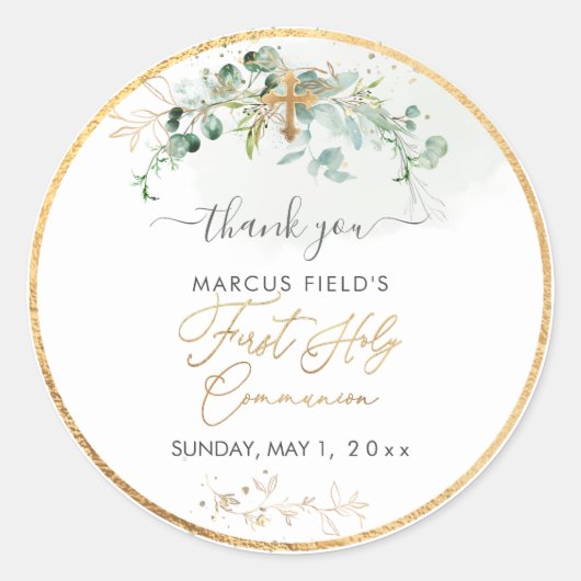 PixDezines H2 Greenery Eucalyptus Heilige Communie Ronde Sticker (Voorkant)