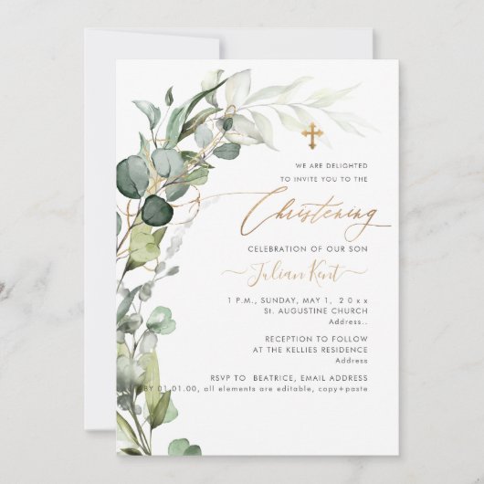 PixDezines H2 Greenery Gum Foliage Christening Inv Kaart (Voorkant)