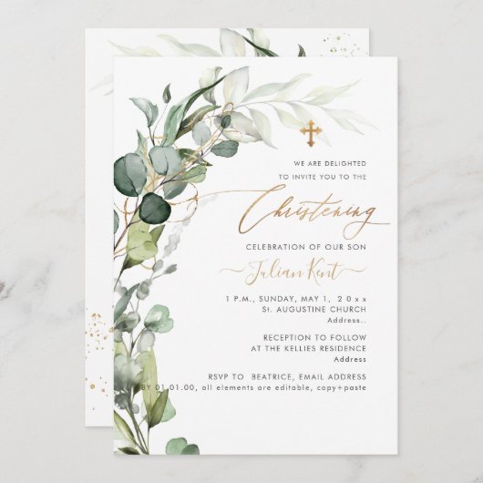 PixDezines H2 Greenery Gum Foliage Christening Inv Kaart (Voorkant / Achterkant)