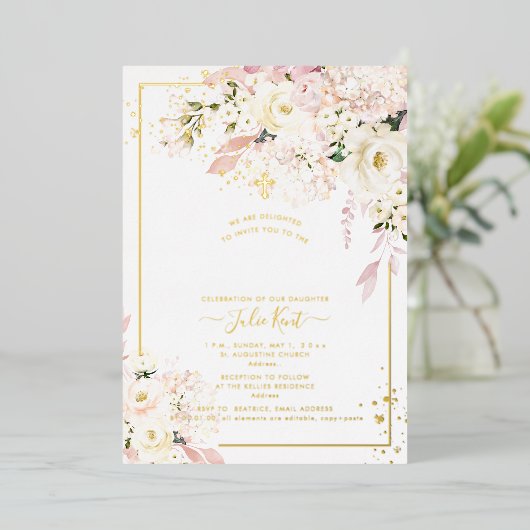 PixDezines H2 Hydrangeas Blush Rozen Baptisme Folie Uitnodiging (Staand Voorkant)