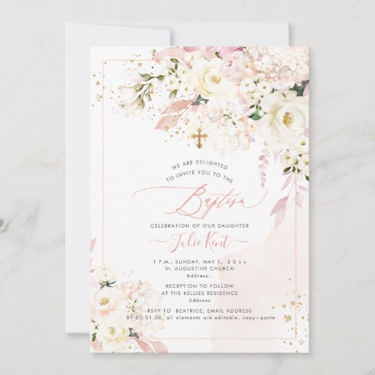 PixDezines H2 Hydrangeas Blush Rozen Baptisme Kaart (Voorkant)