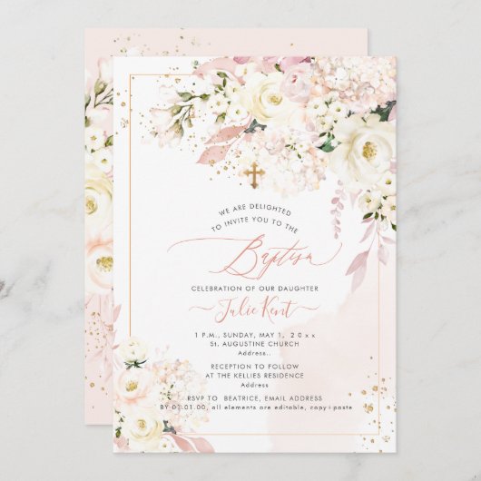 PixDezines H2 Hydrangeas Blush Rozen Baptisme Kaart (Voorkant / Achterkant)