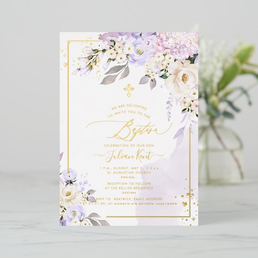 PixDezines H2 Hydrangeas Cream Rozen Baptisme Foli Folie Uitnodiging (Staand Voorkant)