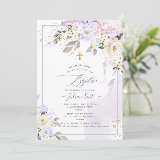 PixDezines H2 Hydrangeas Cream Rozen Baptisme Kaart (Staand voorkant)