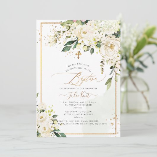 PixDezines H2 Hydrangeas Cream Rozen Baptisme Kaart (Staand voorkant)