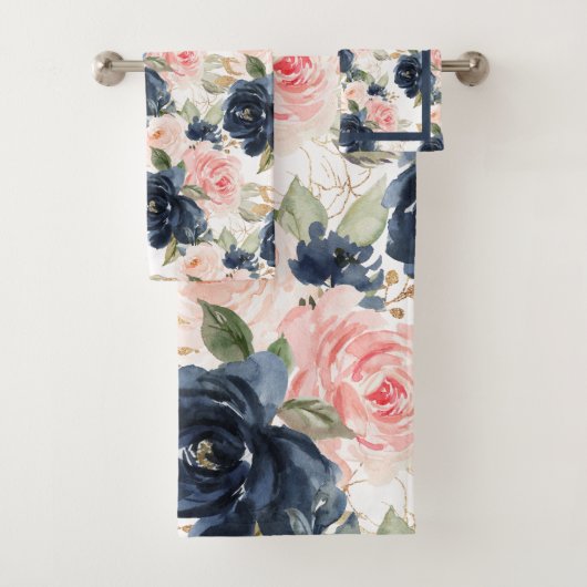 PixDezines H2 Navy Blauwe Roze Rozen Bad Handdoek (Insitu)