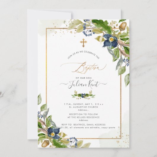 PixDezines H2 Oak in Berry Baptism Uitnodiging (Voorkant)