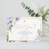 PixDezines H2 Paarse Rozen Communie Dank je Kaart (Staand voorkant)