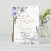 PixDezines H2 Paarse Rozen Eerste Heilige Communie Kaart (Staand voorkant)