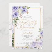 PixDezines H2 Paarse Rozen Eerste Heilige Communie Kaart (Voorkant / Achterkant)