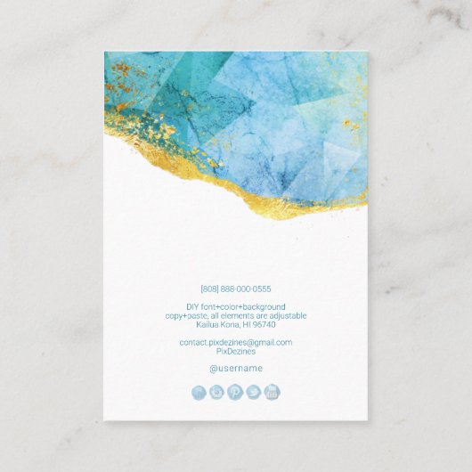 PixDezines H2 Quartz Crystal Aqua Blue Gold Visitekaartje (Achterkant)
