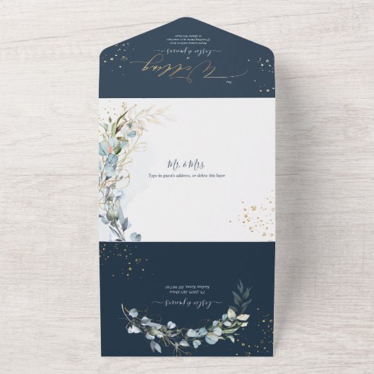 PixDezines H2 Robuust Blue Eucalyptus Gold All In One Uitnodiging (Buitenkant)