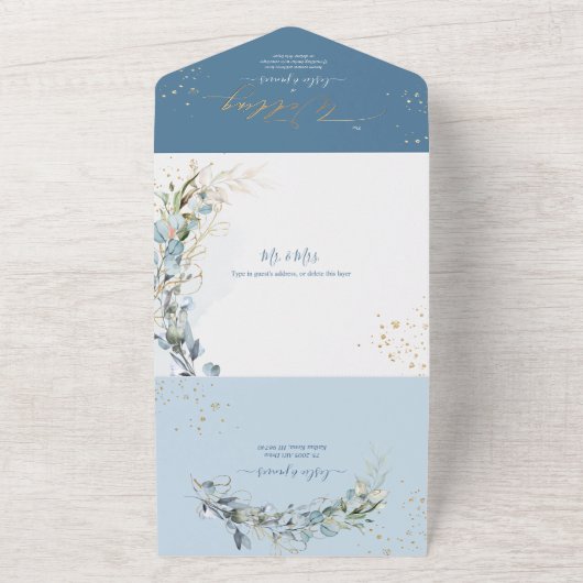 PixDezines H2 Robuust Blue Eucalyptus Gold All In One Uitnodiging (Buitenkant)