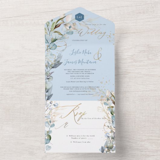 PixDezines H2 Robuust Blue Eucalyptus Gold All In One Uitnodiging (Binnen)