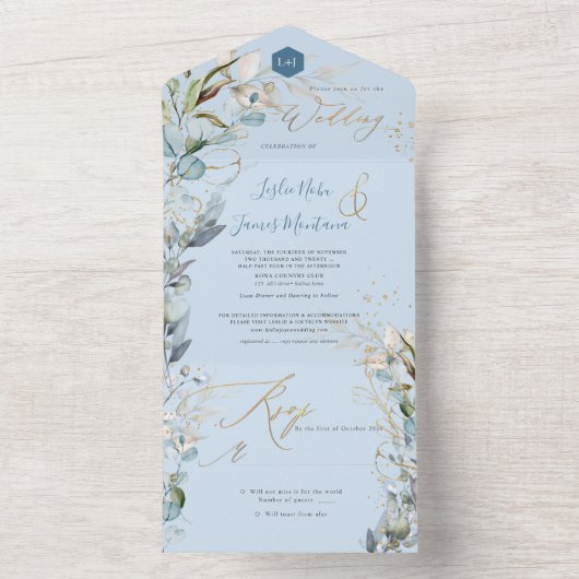 PixDezines H2 Robuust Blue Eucalyptus Gold All In One Uitnodiging (Binnen)