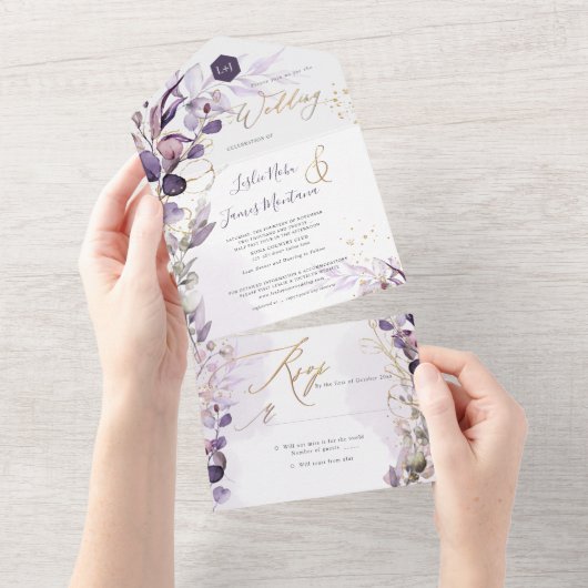 PixDezines H2 Robuust Paarse Eucalyptus Gold All In One Uitnodiging (Afscheurbaar)